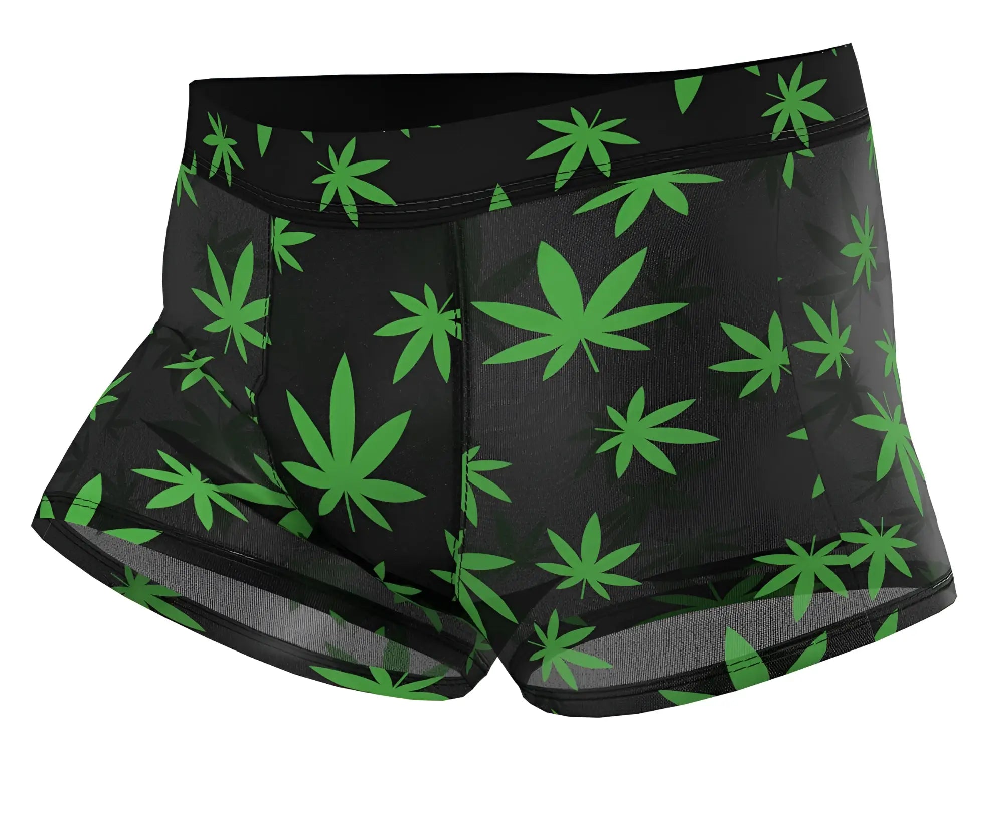 Male Power 145-294 hazy dayz pouch short boxer briefs in black with vibrant green pot leaf pattern
