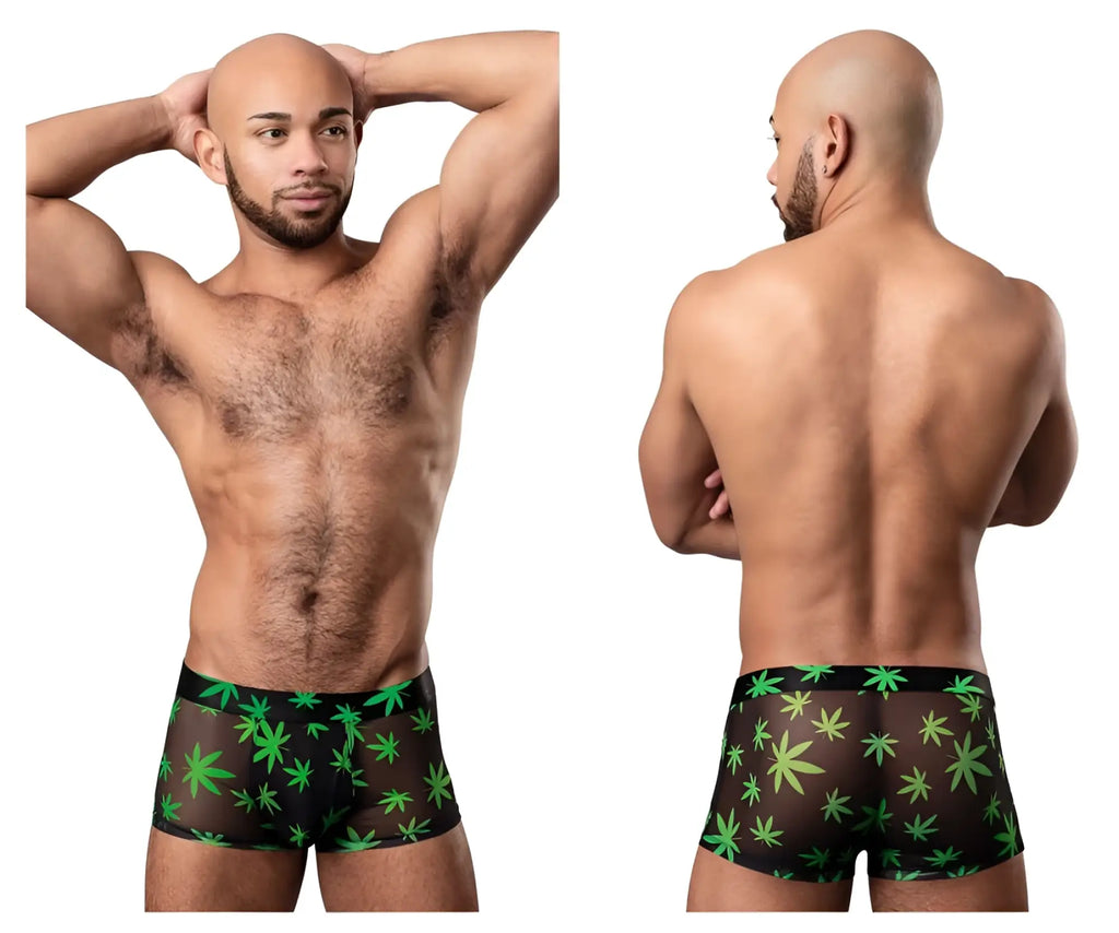 Black sheer boxer briefs with vibrant green marijuana leaf pattern by male power hazy dayz pouch short color pot leaf