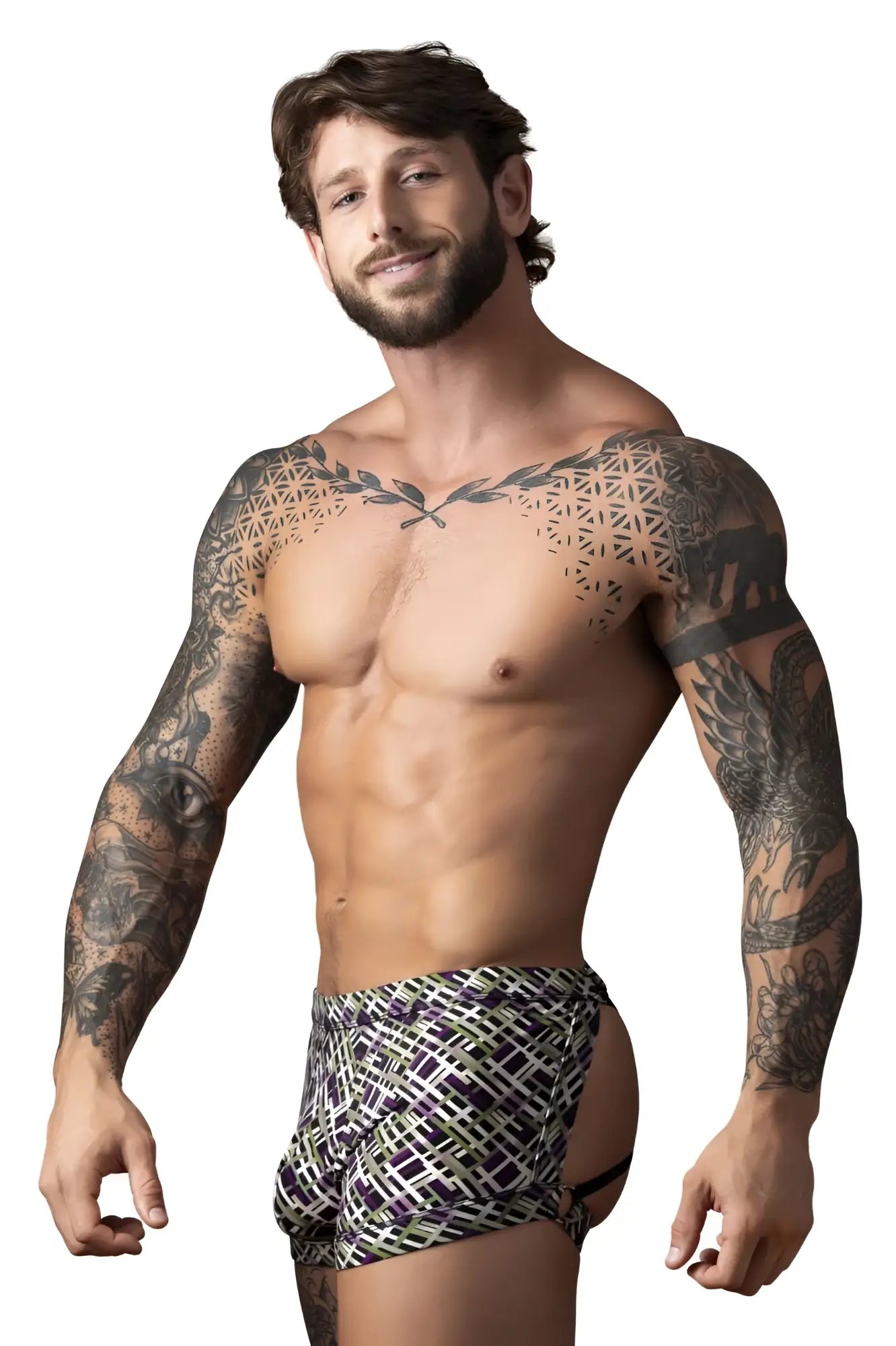 Black white and green geometric patterned men’s briefs with a strappy back design from male power
