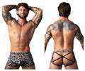 Black and white patterned briefs with black cross-back straps showing the back side of Male Power 148-303 Gridlocked short
