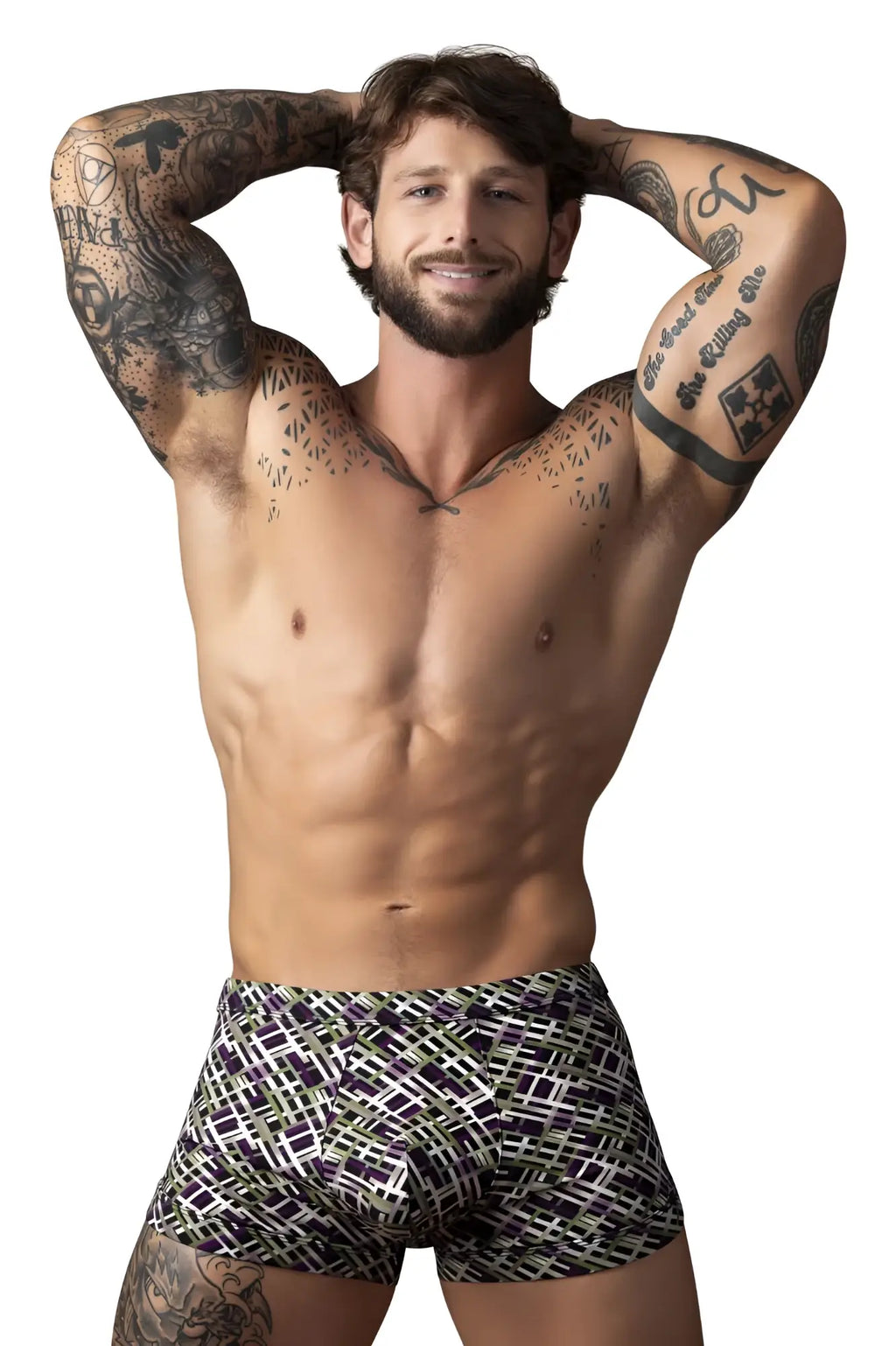Men’s briefs in black white and green geometric pattern with strappy back design by male power