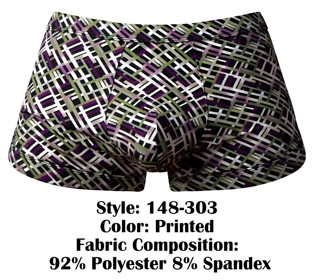 Male Power 148-303 gridlocked strappy back printed boxer briefs with bold black white purple geometric pattern and olive accents