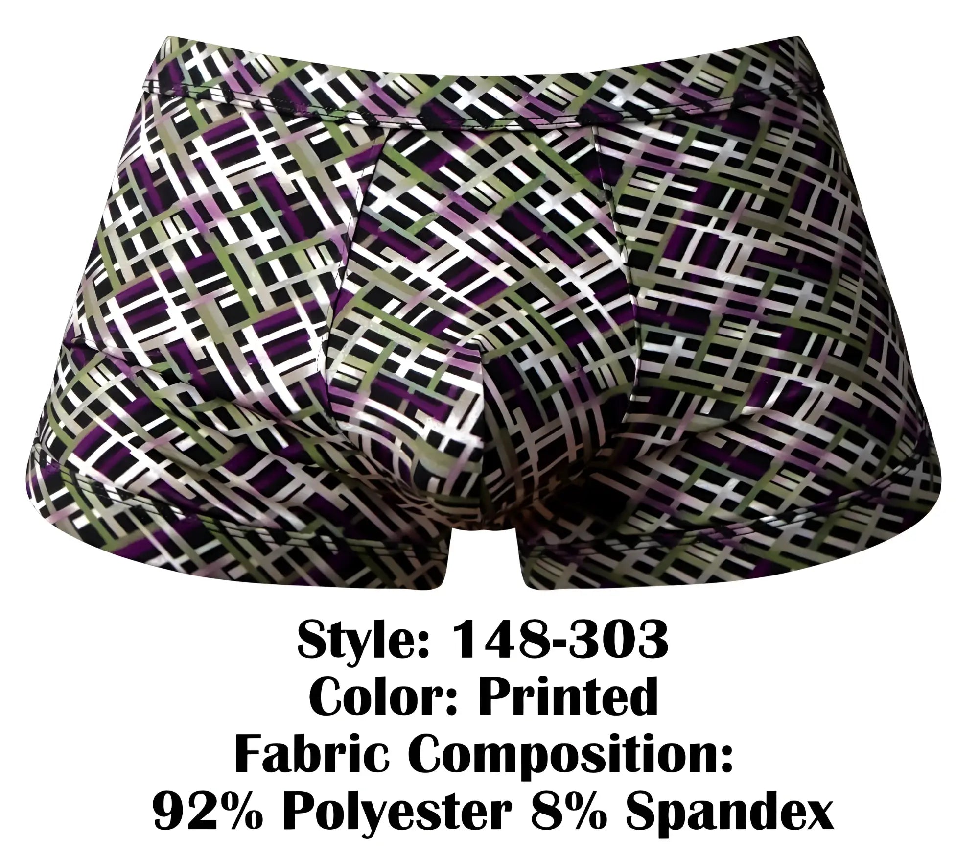Male Power 148-303 gridlocked strappy back printed boxer briefs with bold black white purple geometric pattern and olive accents