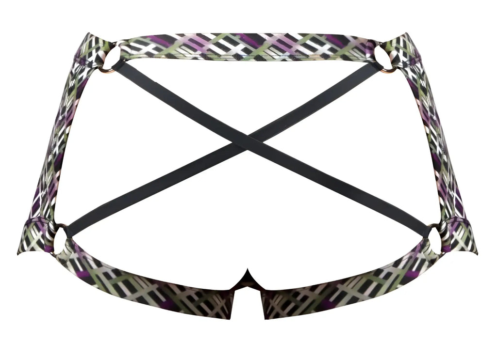 Male power 148-303 gridlocked strappy back short in purple and green geometric print with black crisscross straps shown from back