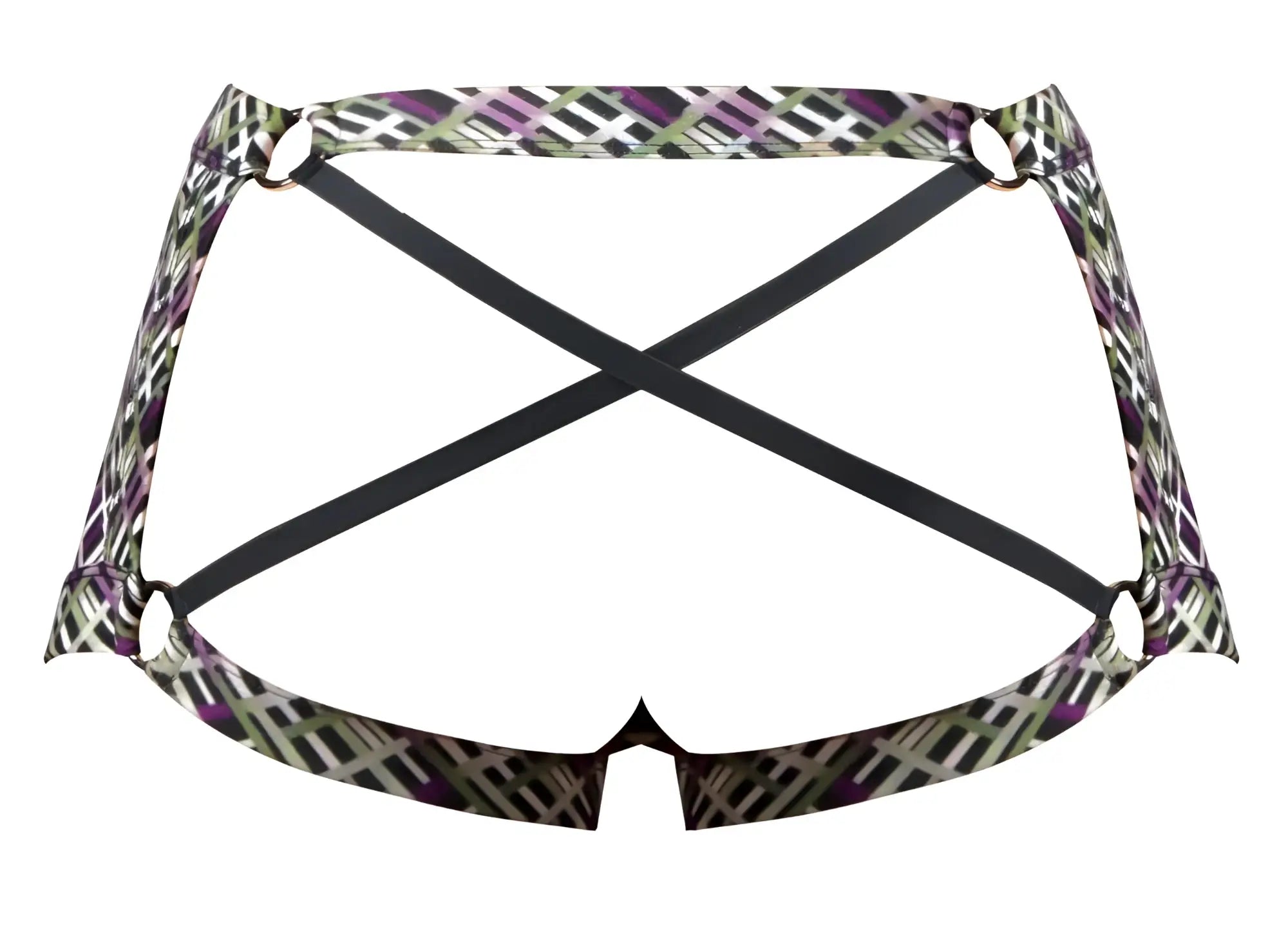 Male power 148-303 gridlocked strappy back short in purple and green geometric print with black crisscross straps shown from back