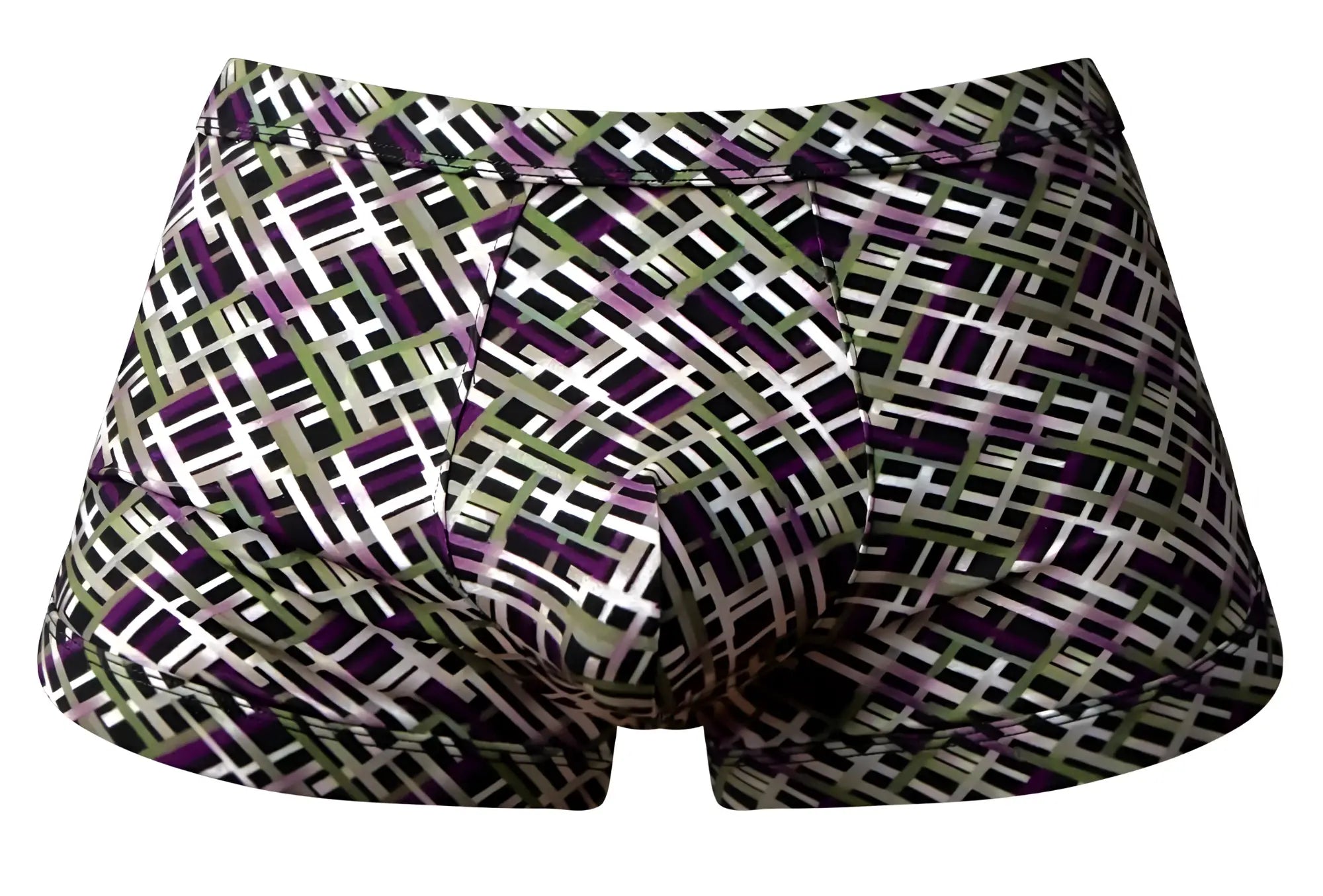 Purple white and olive green geometric patterned men’s briefs with strappy back by male power