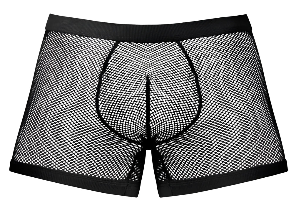 Black mesh male power 152-11c fishnet boxer briefs with solid black elastic waistband and leg openings