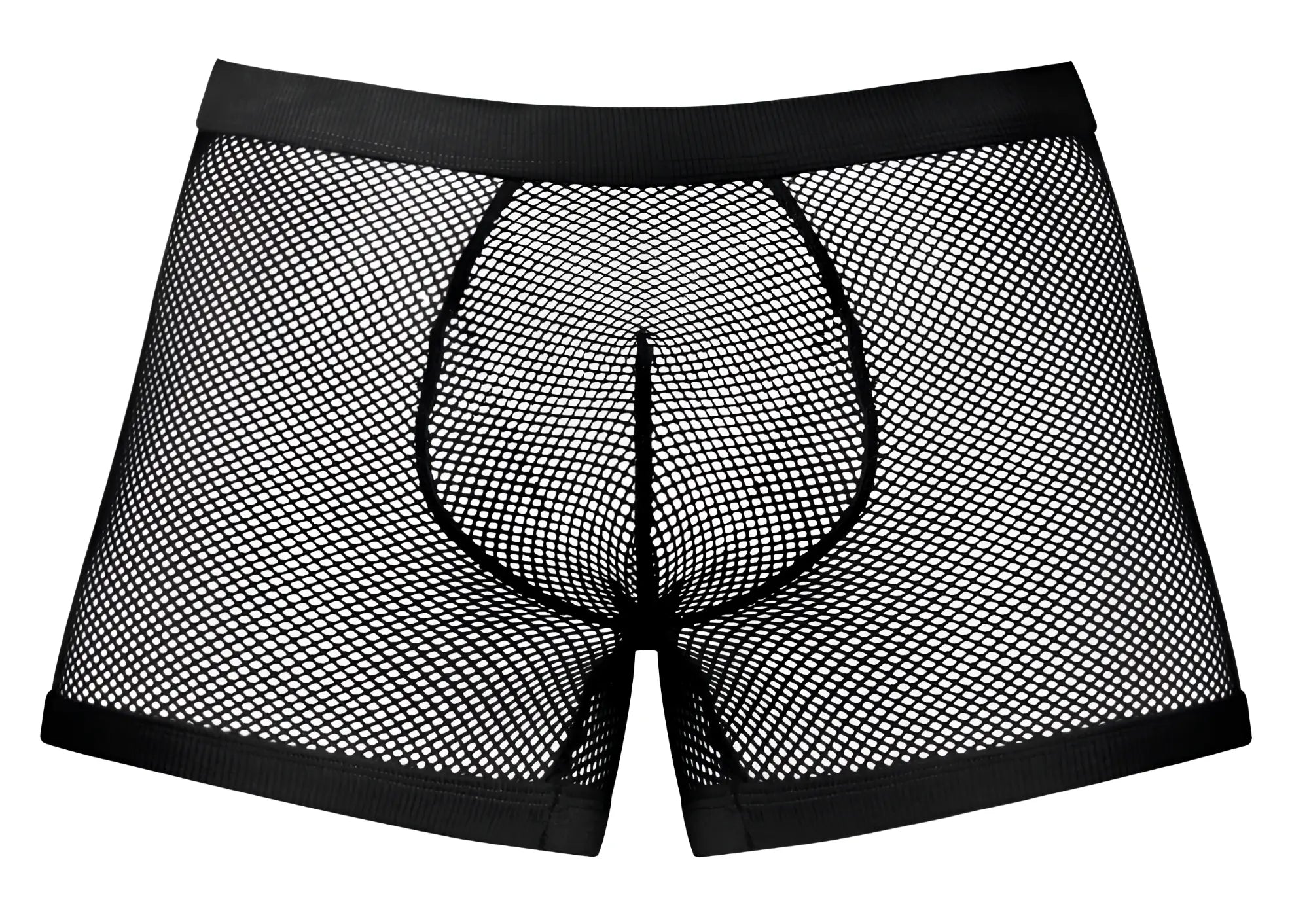 Black mesh male power 152-11c fishnet boxer briefs with solid black elastic waistband and leg openings