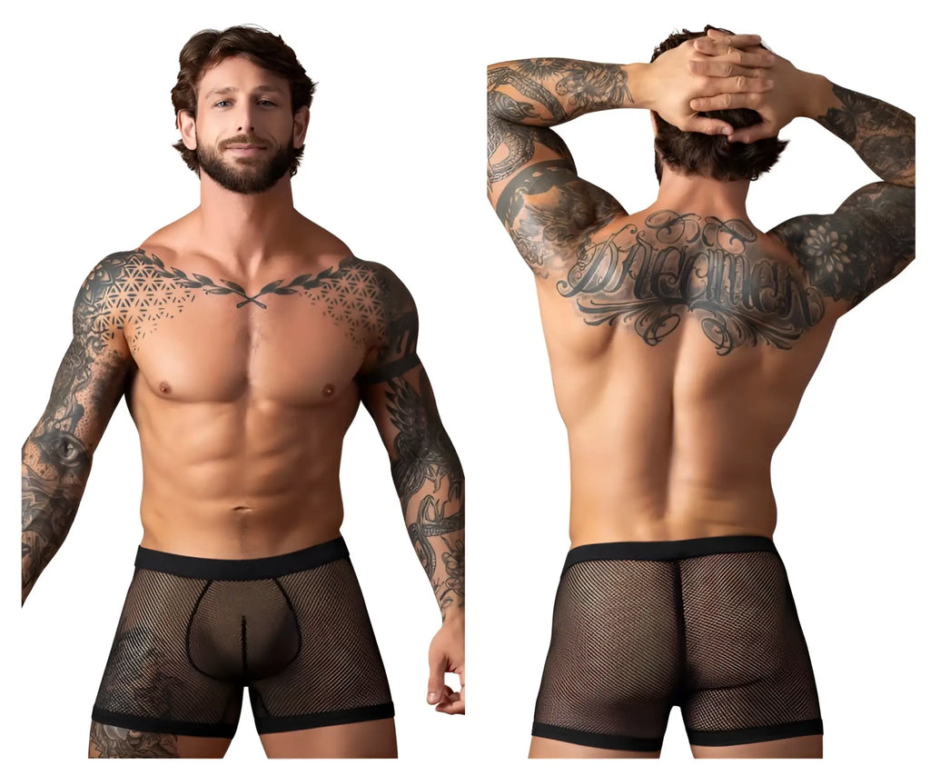Male power 152-11c fishnet black boxer briefs with solid waistband and leg openings and two pouch design