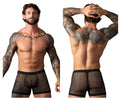 Male power 152-11c fishnet black boxer briefs with solid waistband and leg openings and two pouch design