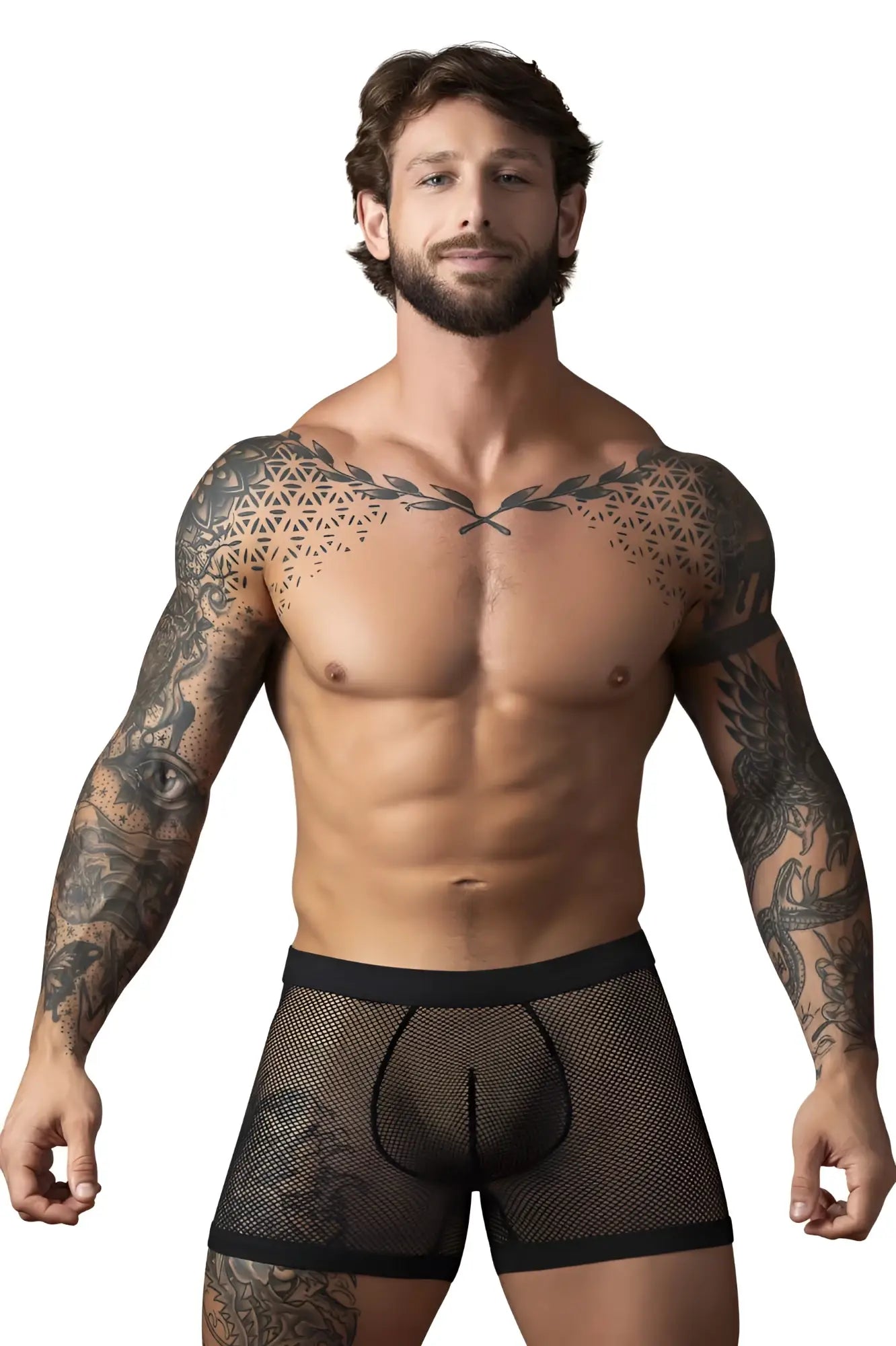 Male power 152-11c fishnet boxer briefs in black mesh with a solid black waistband and two pouch design