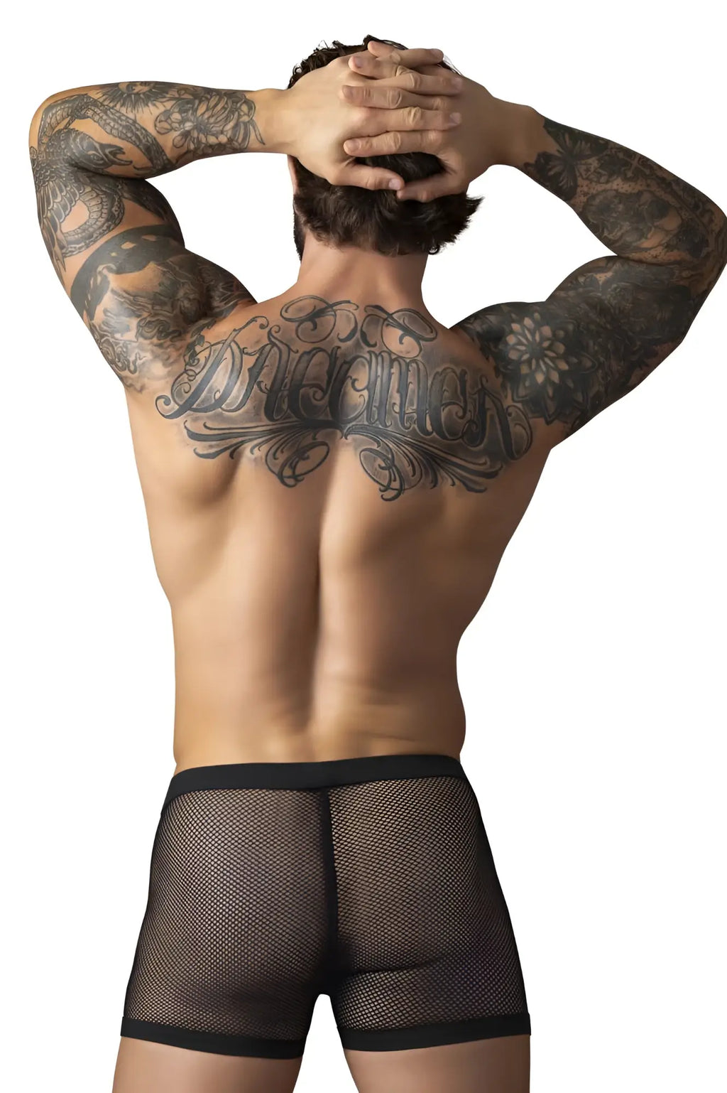 Black mesh briefs with solid black waistband from male power 152-11c fishnet 2 pouch short in black