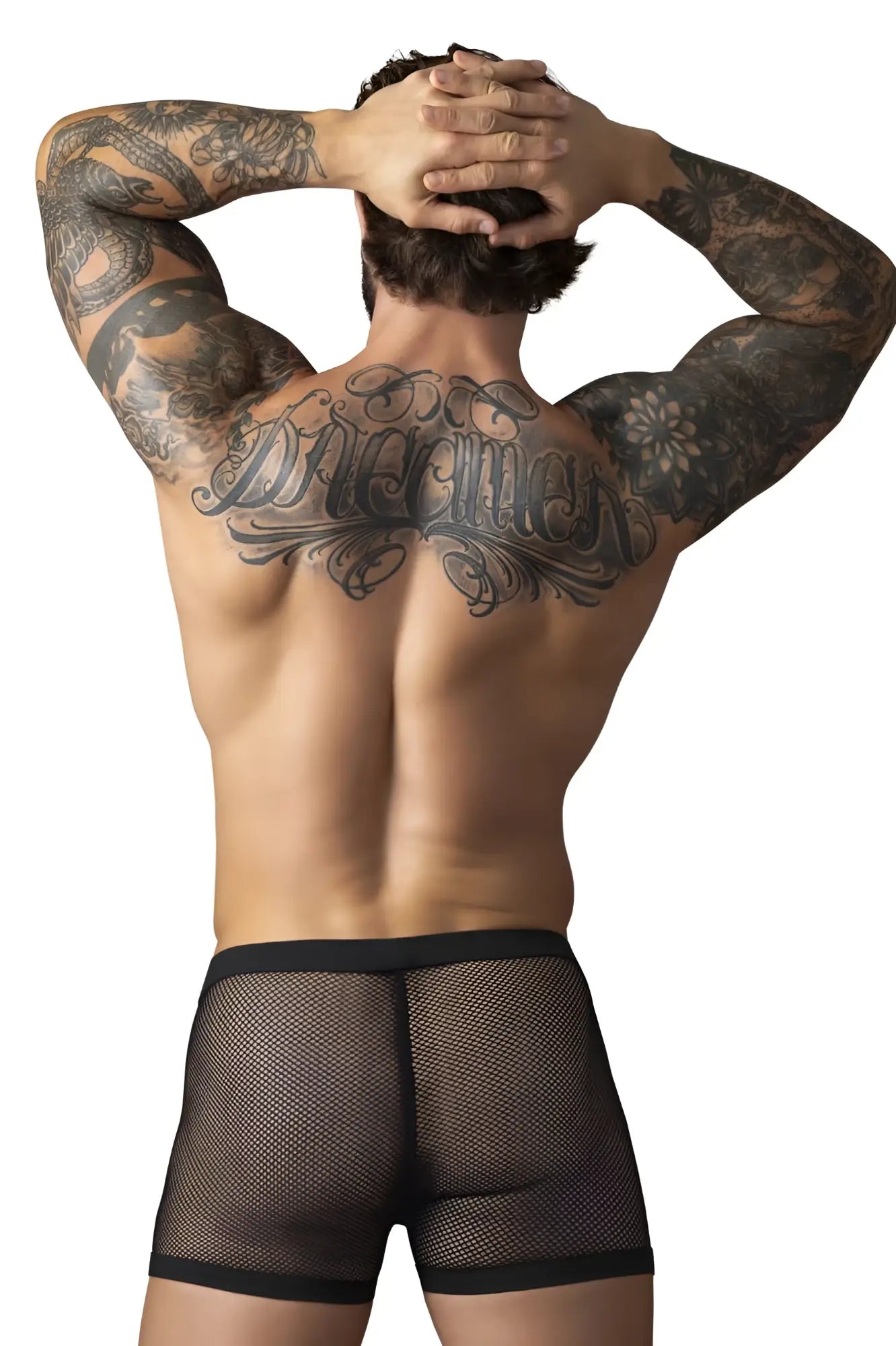 Black mesh briefs with solid black waistband from male power 152-11c fishnet 2 pouch short in black