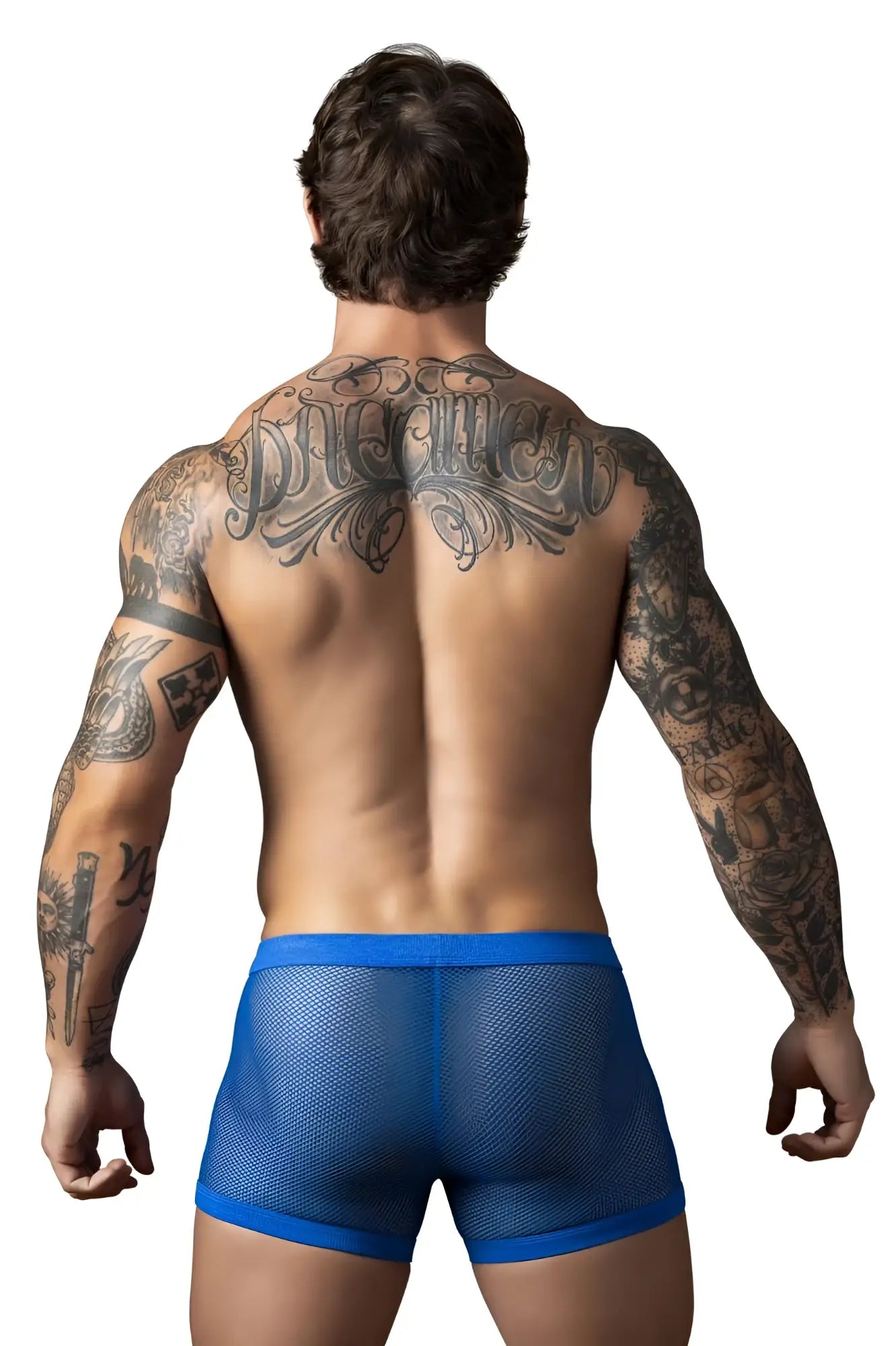 Male power 152-11c fishnet boxer briefs in royal blue with blue mesh fabric and solid blue waistband