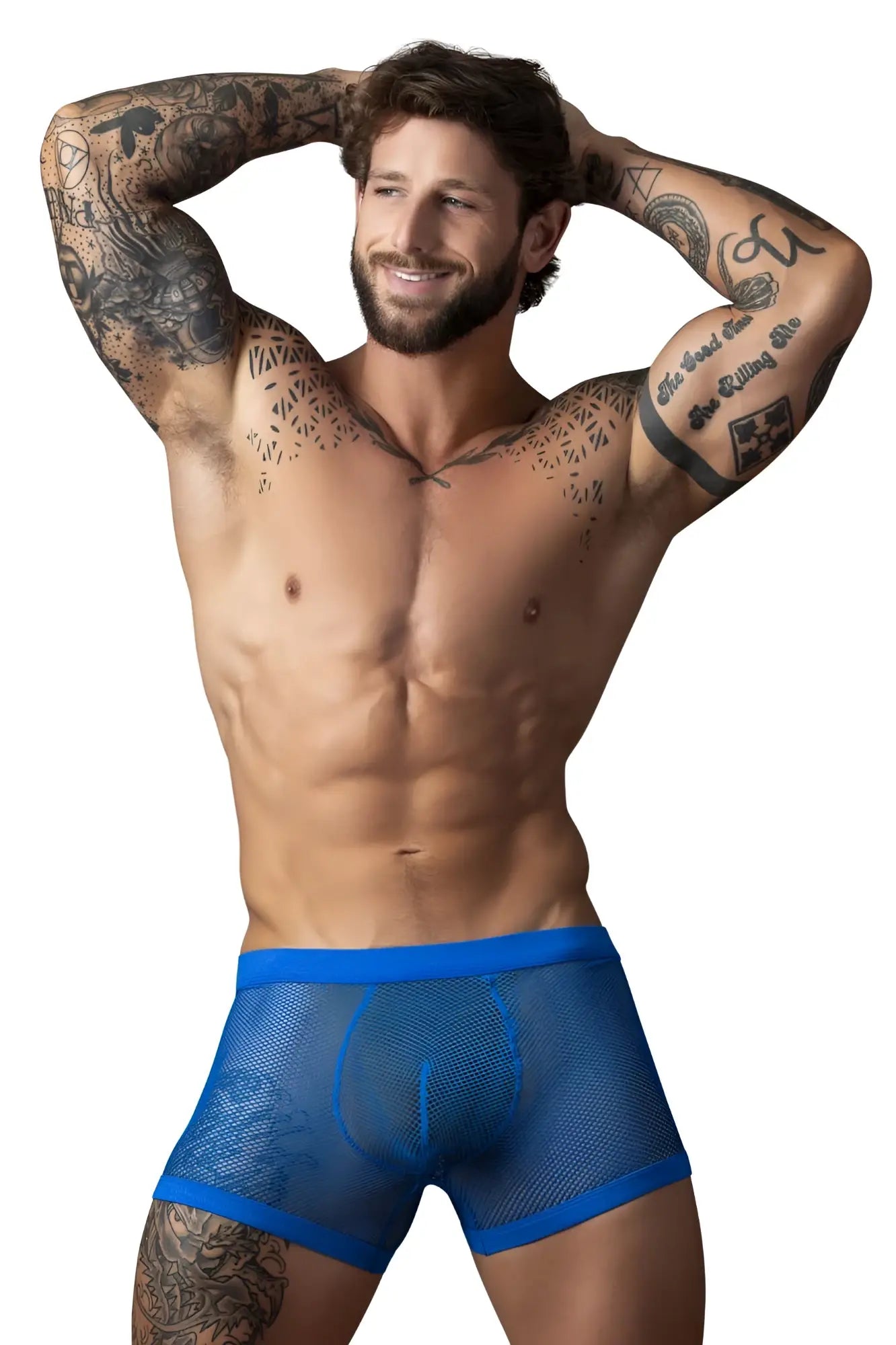 Male power 152-11c royal blue fishnet mesh boxer briefs with solid trim and dual pouch design
