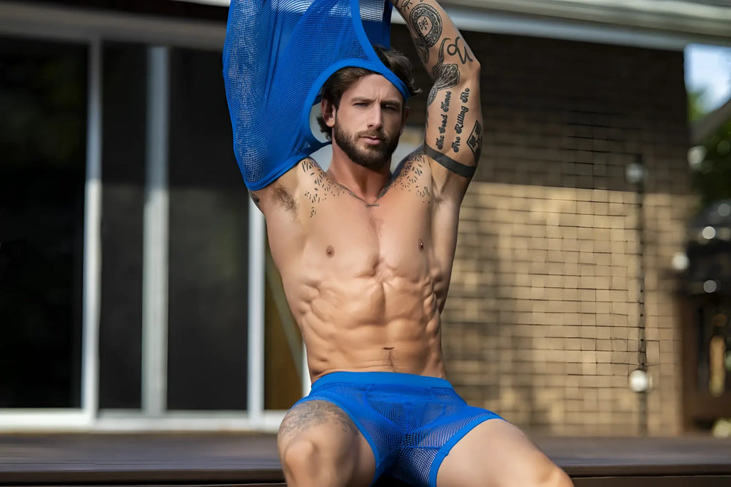 Male power 152-11c fishnet 2 pouch short in royal blue mesh swim trunks with breathable fishnet material