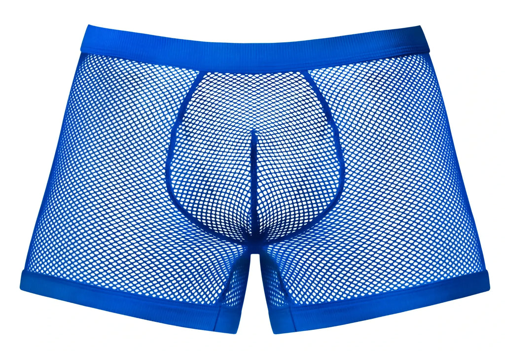 Male power 152-11c fishnet bright blue mesh boxer briefs with solid fabric waistband and leg openings