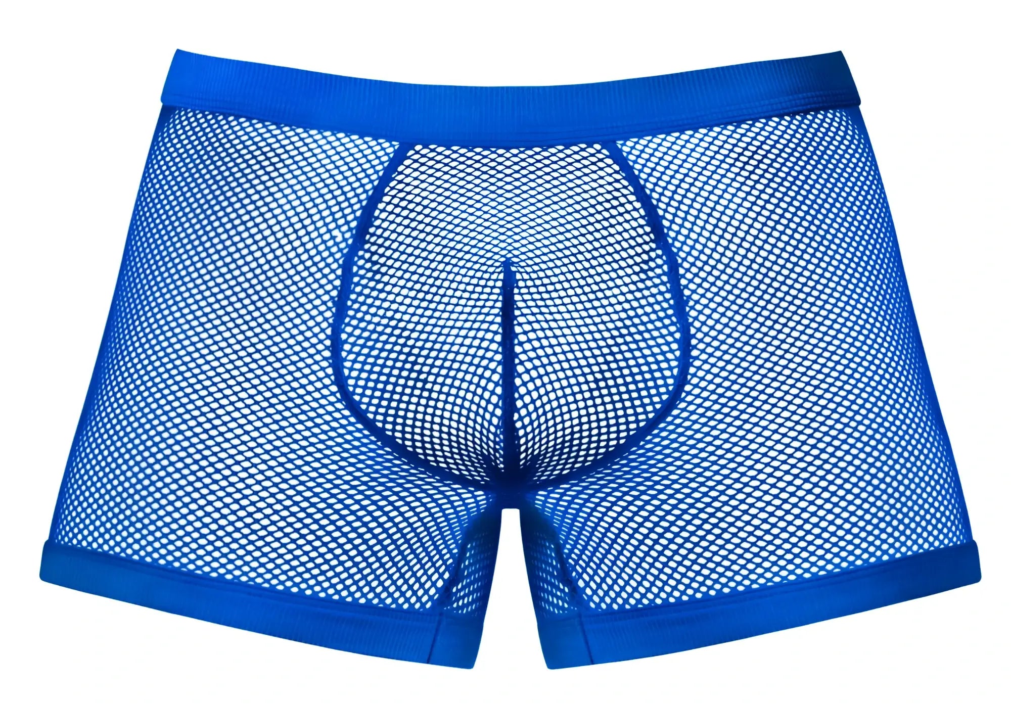 Male power 152-11c fishnet bright blue mesh boxer briefs with solid fabric waistband and leg openings
