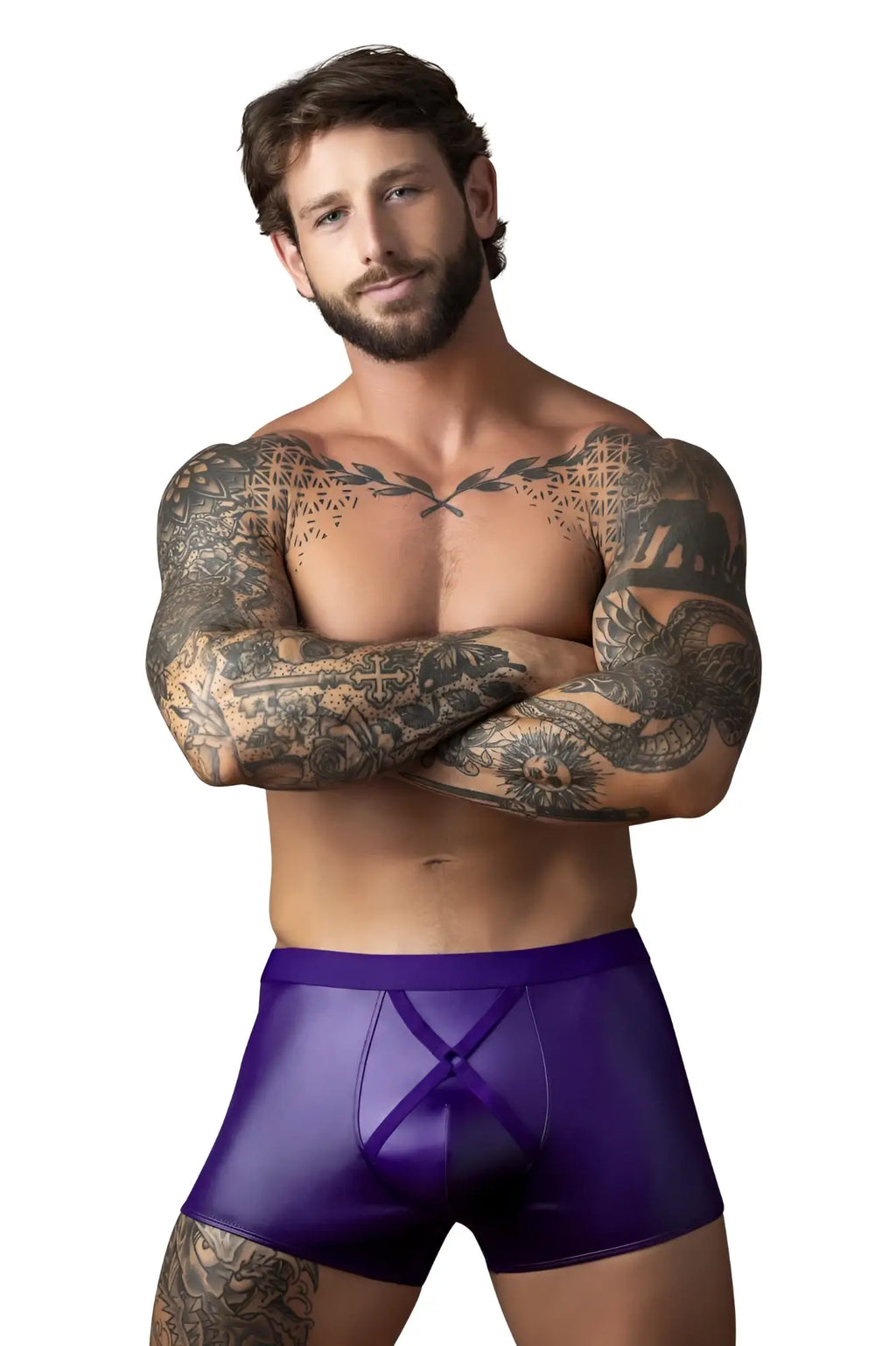 Purple satin briefs with a crossed front design in plum color from male power for stylish men