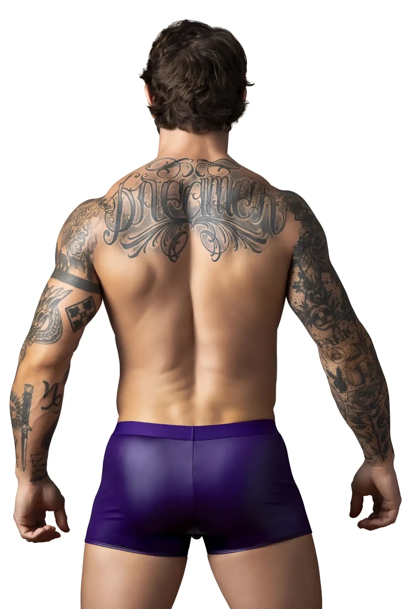 Male power 152-302 eggplant crossover short in shiny plum color designed as stylish purple briefs