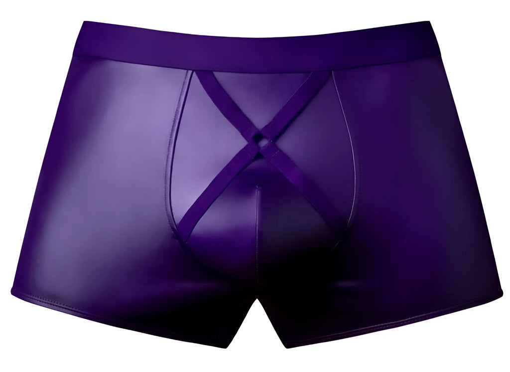 Male Power 152-302 eggplant crossover short purple shiny faux leather boxer briefs with crisscross front design