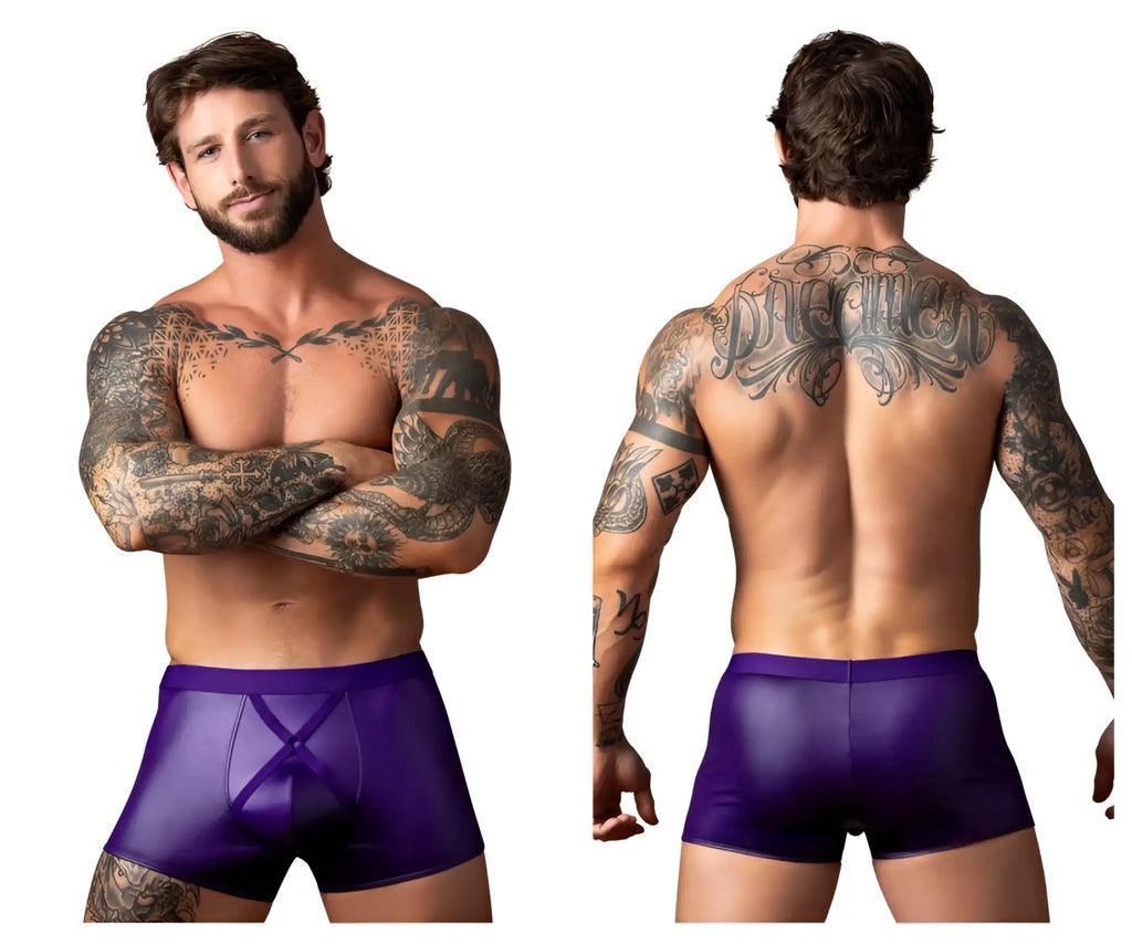 Male power 152-302 eggplant crossover short plum purple shiny faux leather briefs with central x shaped front design