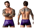 Male power 152-302 eggplant crossover short plum purple shiny faux leather briefs with central x shaped front design
