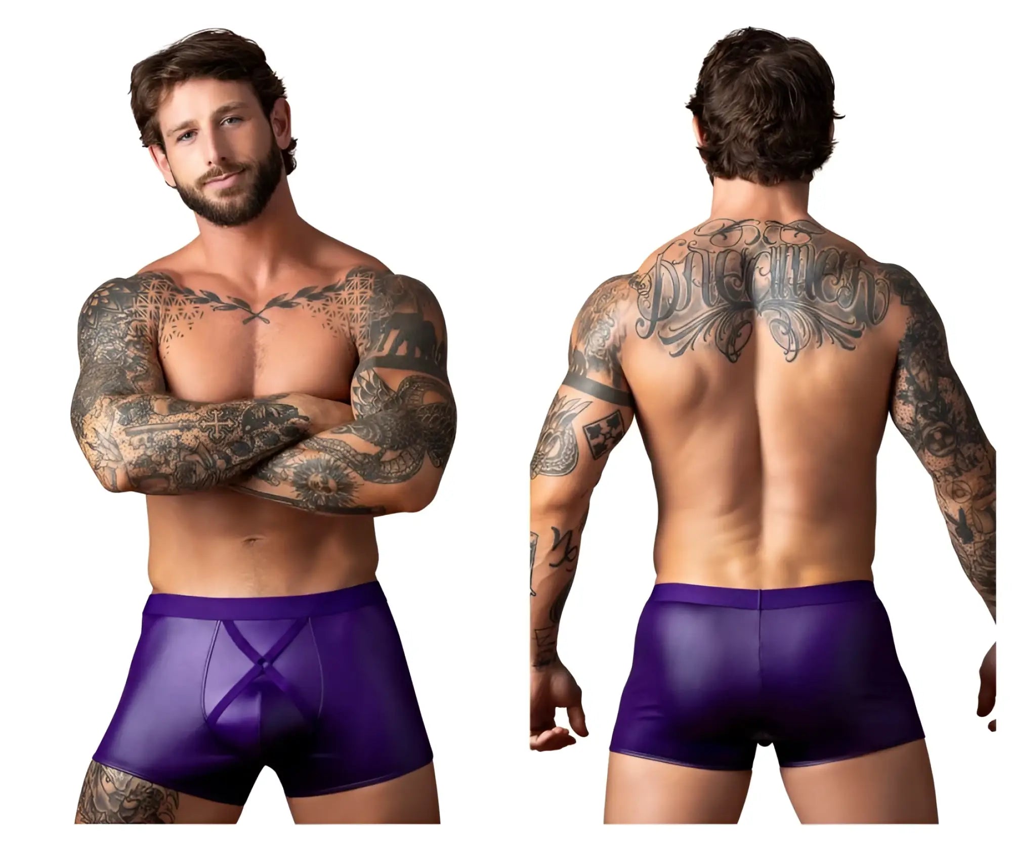 Male power 152-302 eggplant crossover short plum purple shiny faux leather briefs with central x shaped front design
