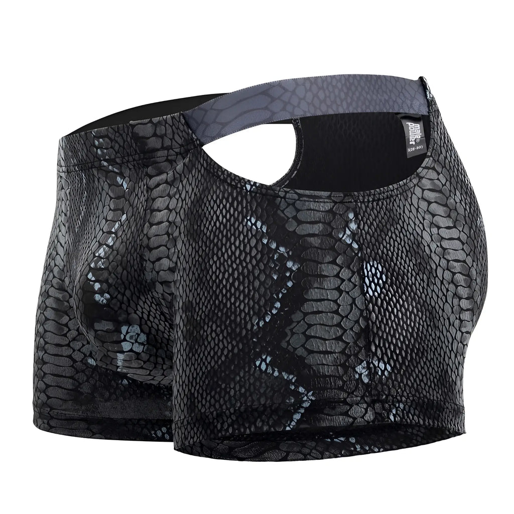 Male power black-blue boxer briefs with glossy snake-scale pattern and gray elastic waistband for men