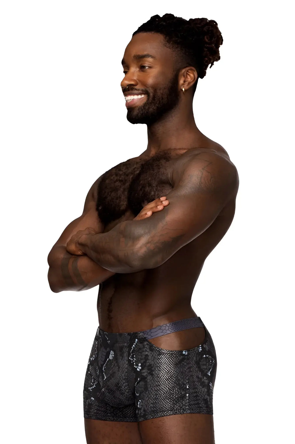 Black snake-print boxer briefs with sleek textured fabric and contrasting gray waistband by male power