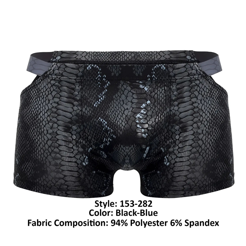 Black-blue snake-scale patterned men’s boxer briefs made of 94 polyester 6 spandex by male power