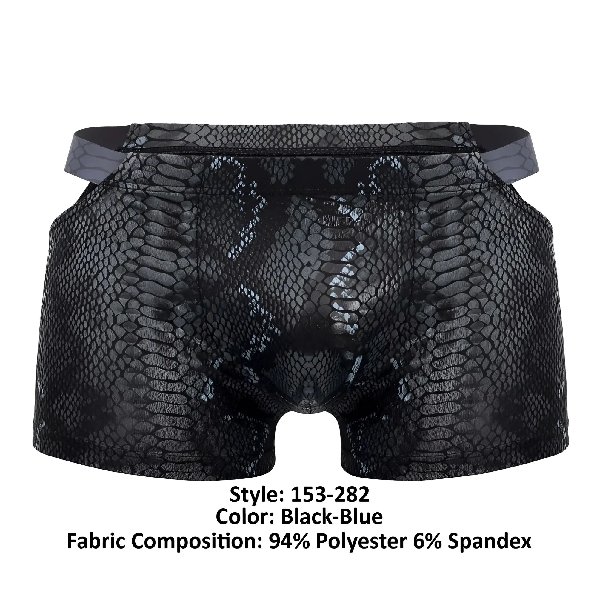 Black-blue snake-scale patterned men’s boxer briefs made of 94 polyester 6 spandex by male power
