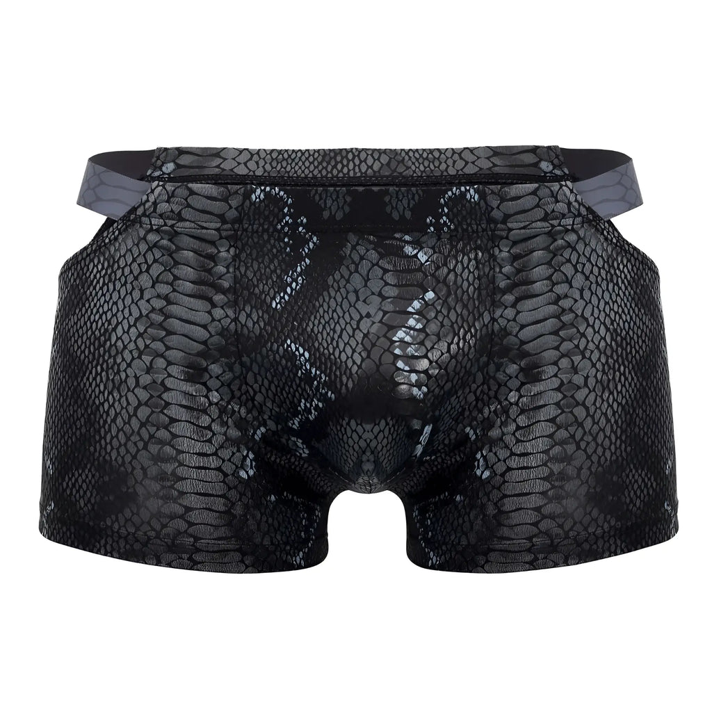 Male power 153-282 s-naked pouch short men’s briefs with black blue snake-skin pattern and gray waistband