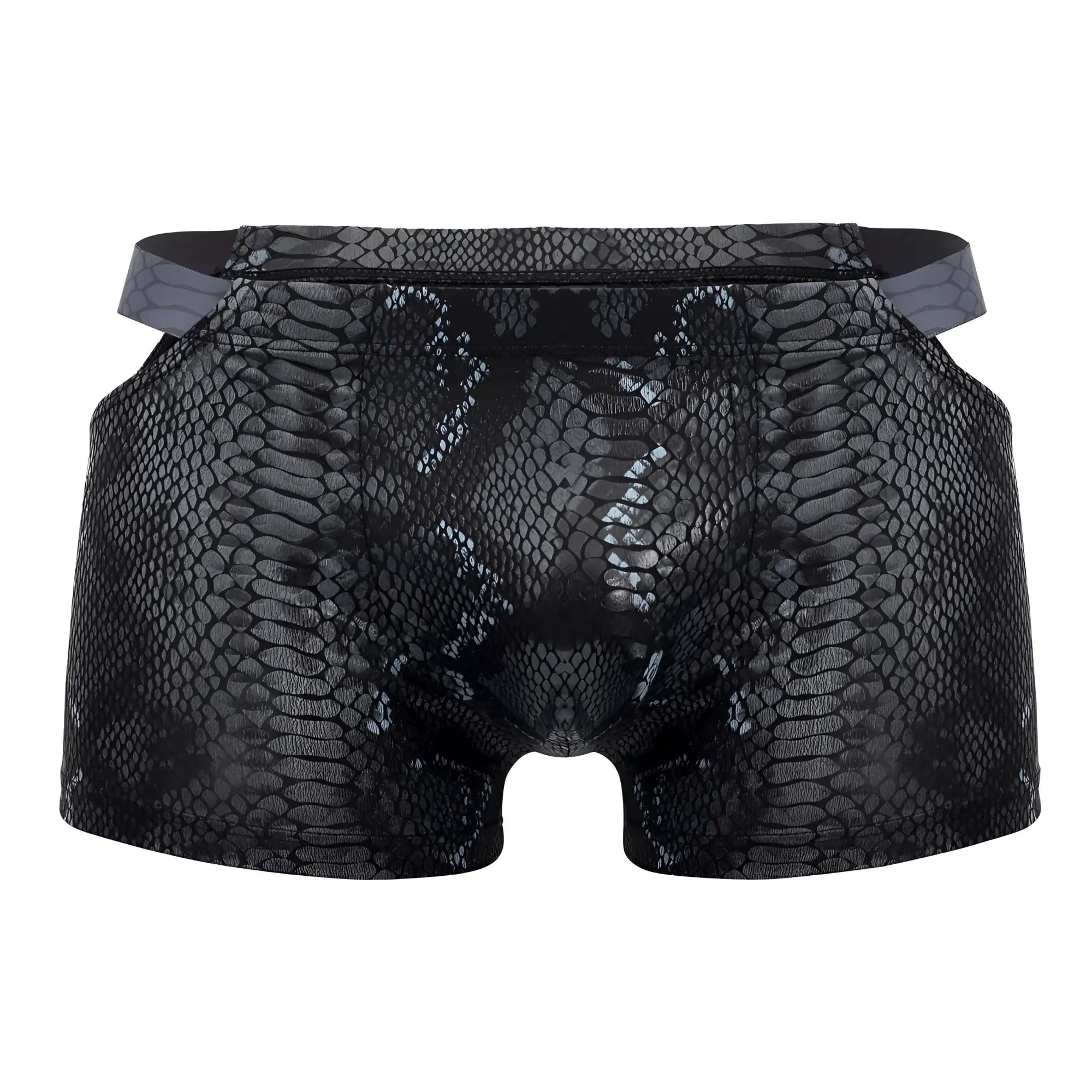 Male power 153-282 s-naked pouch short men’s briefs with black blue snake-skin pattern and gray waistband