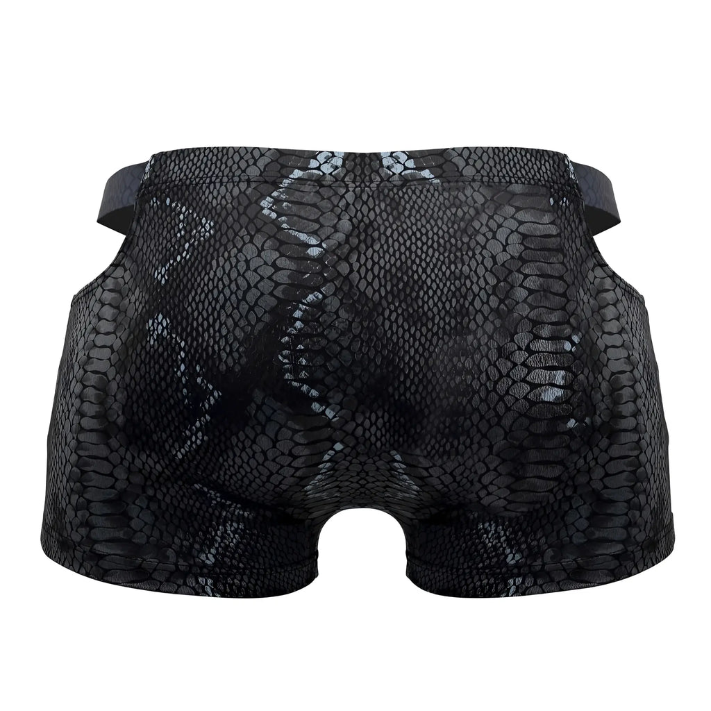 Male power 153-282 s-naked pouch short in black-blue snake-skin pattern with a sleek glossy finish and elastic waistband
