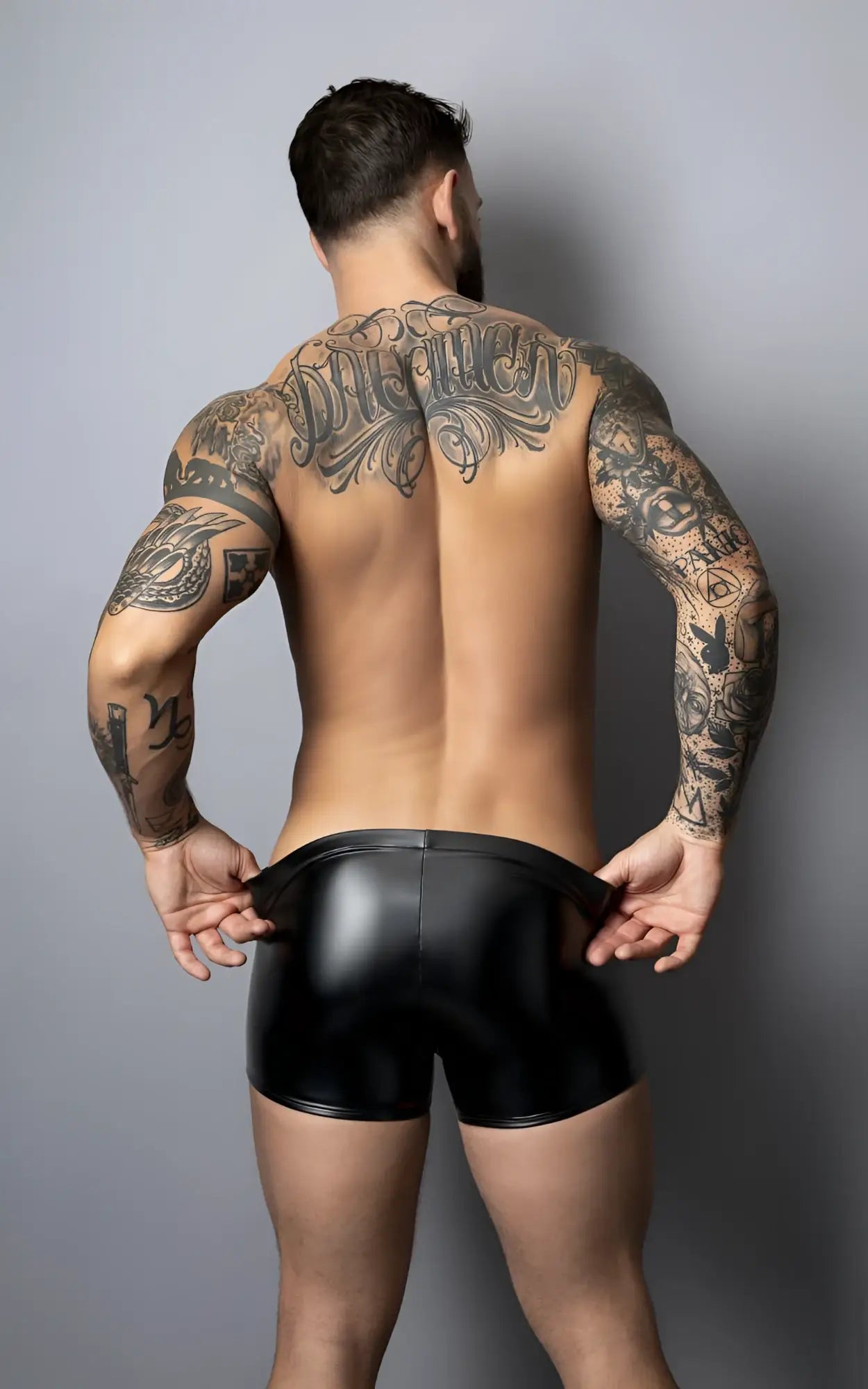 Male power 153-301 liquid onyx 2.0 black glossy latex pouch shorts designed for men