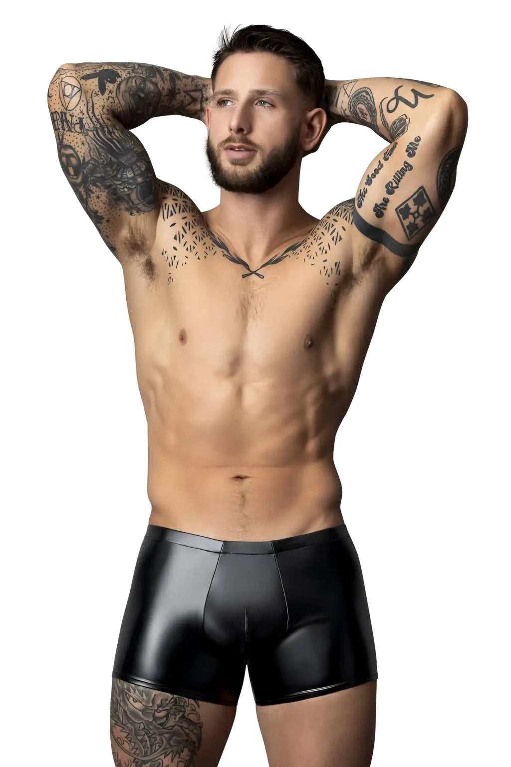 Male power 153-301 liquid onyx 2.0 pouch short black patent leather briefs showing front side design