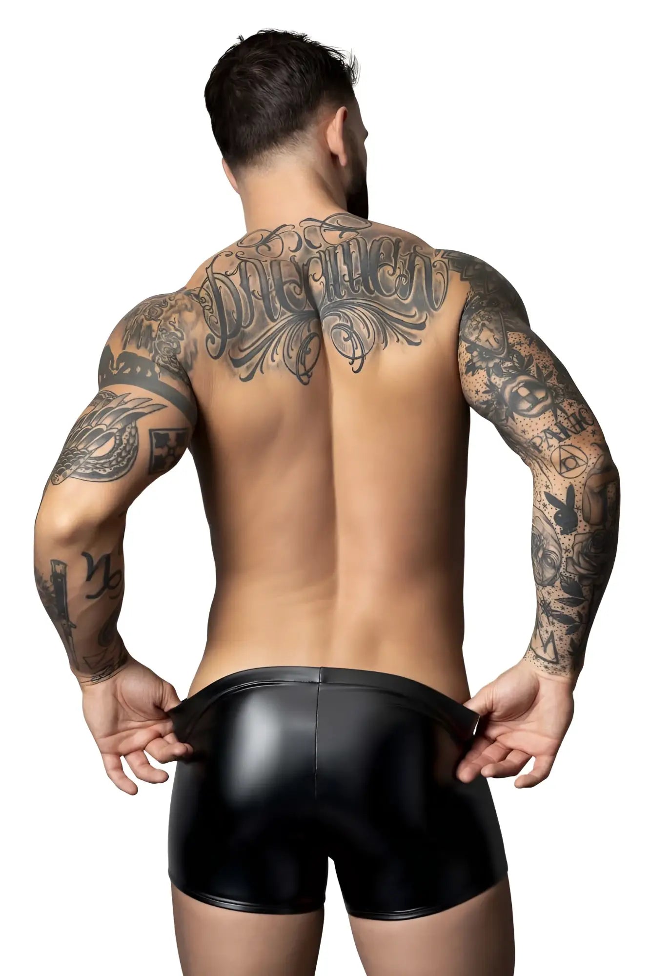 Black patent leather male power liquid onyx 2.0 pouch short briefs in black showing front view