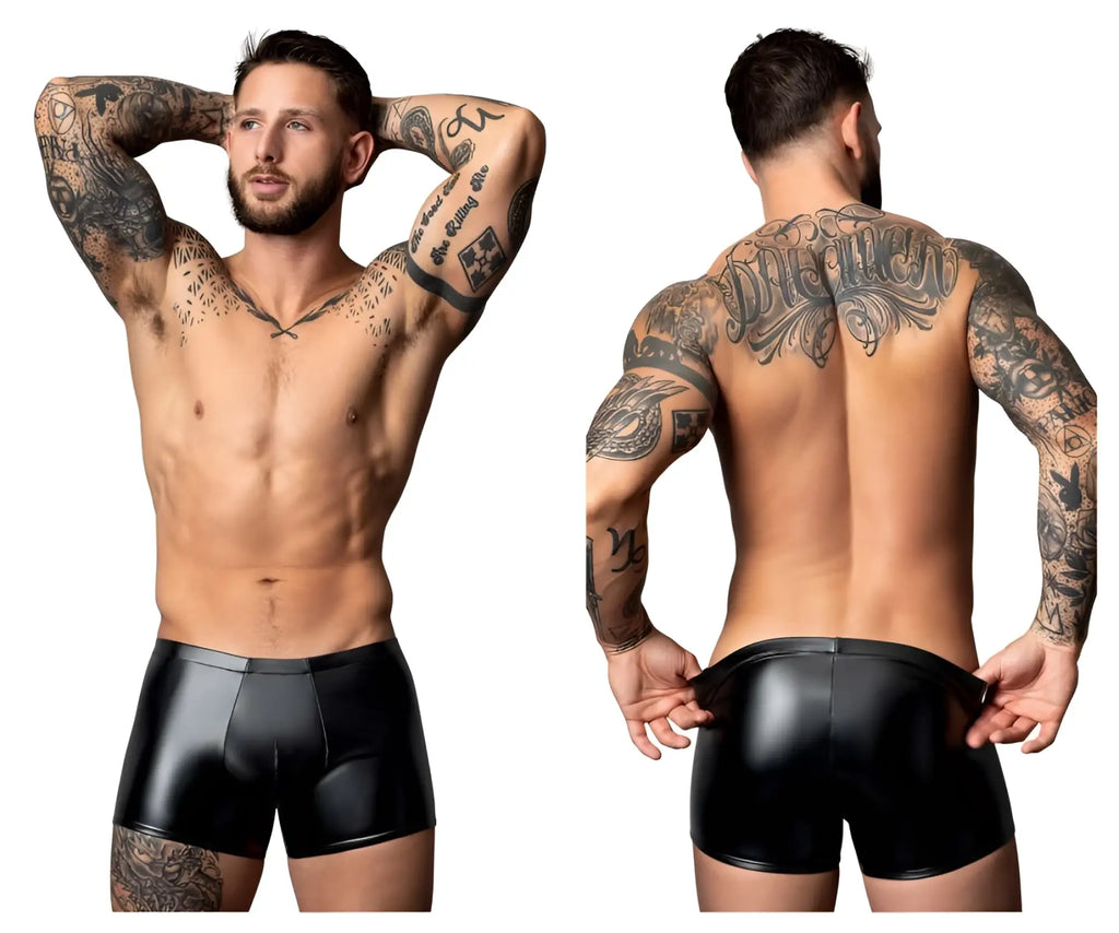 Black patent leather briefs with a sleek glossy finish and contoured design from male power liquid onyx 2.0 pouch short