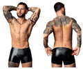 Black patent leather briefs with a sleek glossy finish and contoured design from male power liquid onyx 2.0 pouch short