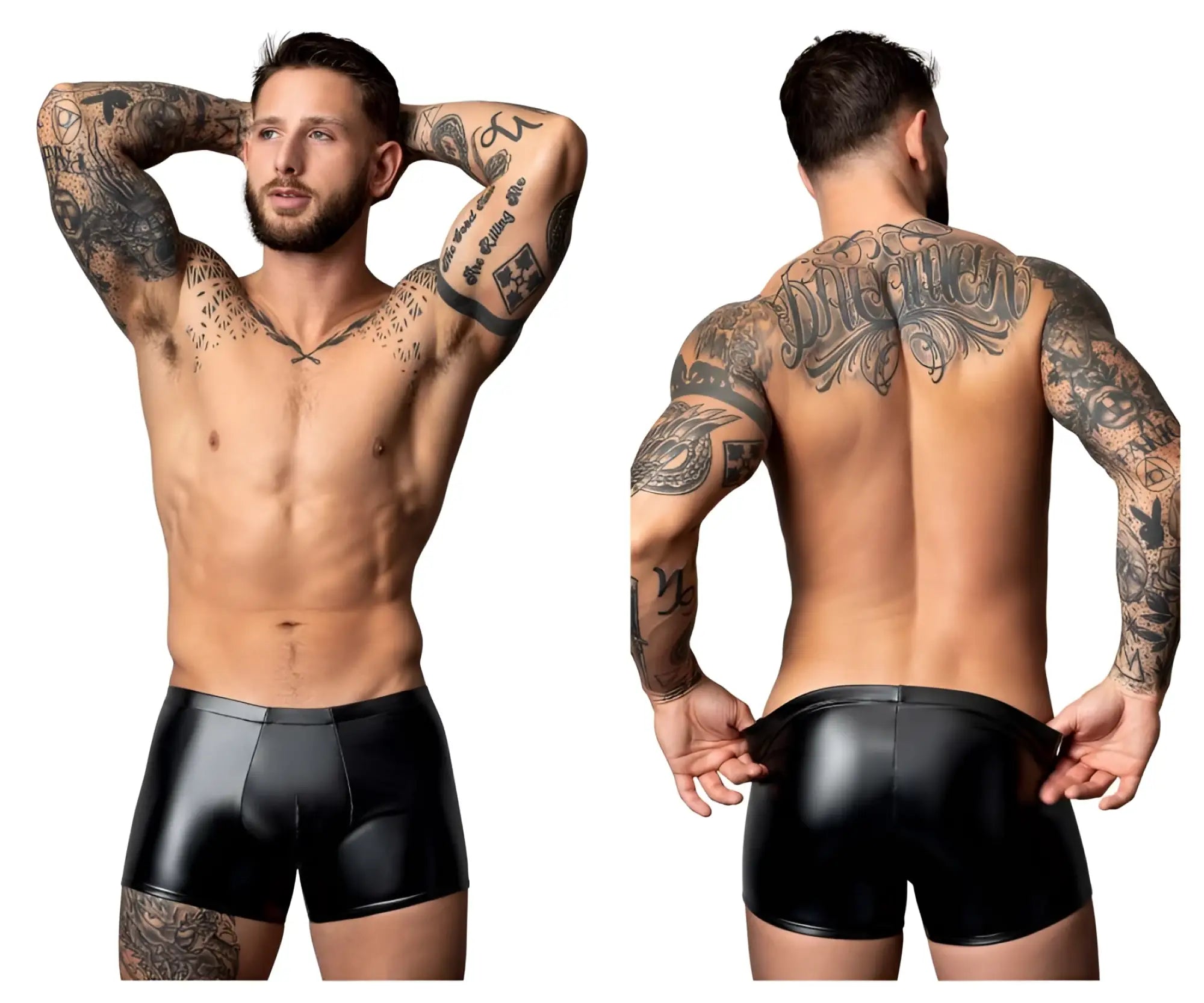 Black patent leather briefs with a sleek glossy finish and contoured design from male power liquid onyx 2.0 pouch short