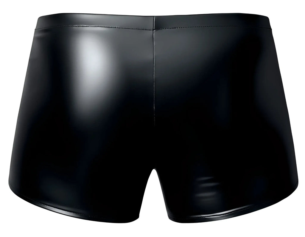 Male power 153-301 liquid onyx 2.0 black faux leather shorts with a sleek form-fitting pouch design