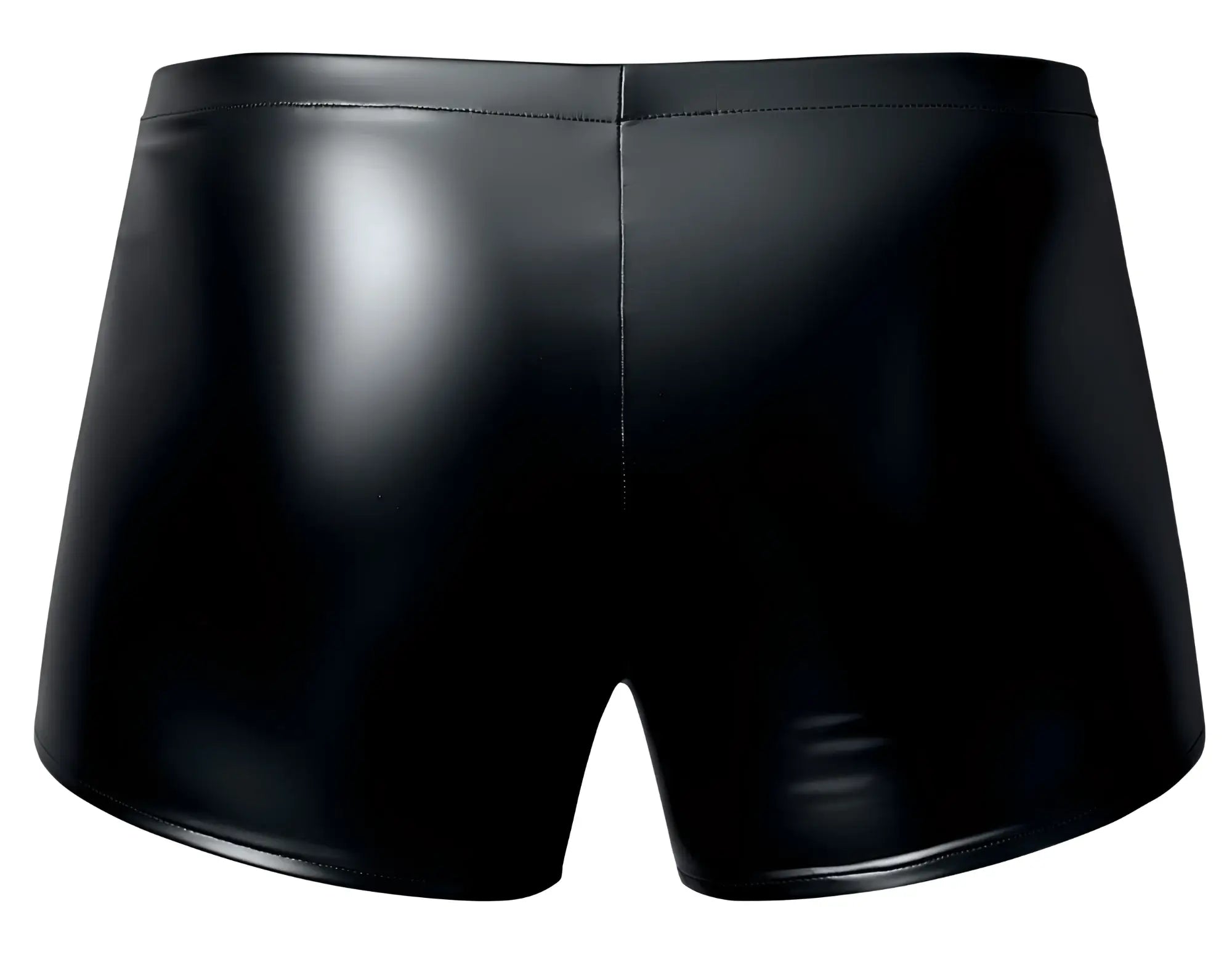 Male power 153-301 liquid onyx 2.0 black faux leather shorts with a sleek form-fitting pouch design