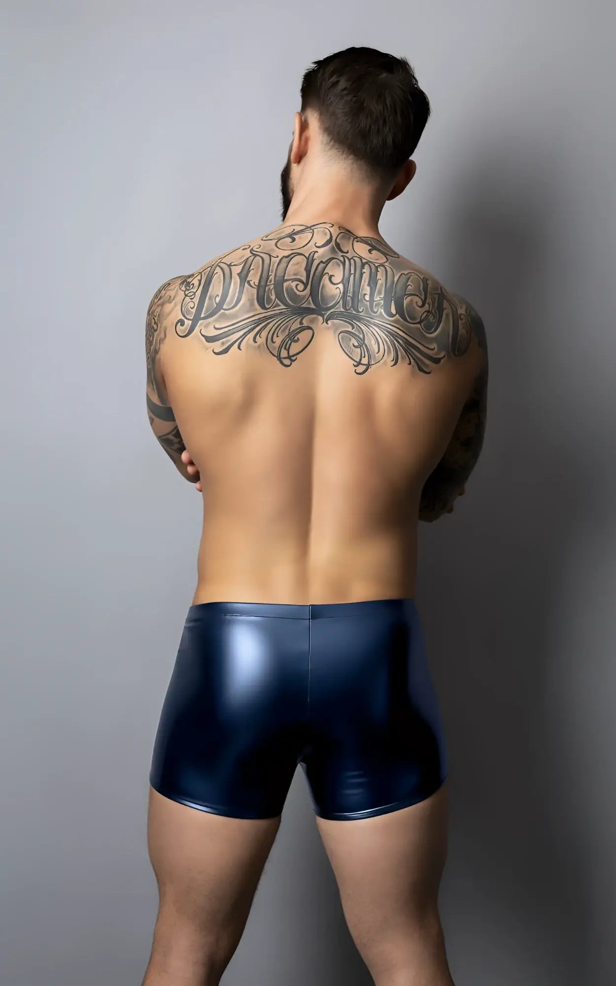 Male Power 153-301 liquid onyx 2.0 navy blue shiny latex pouch shorts for men front view