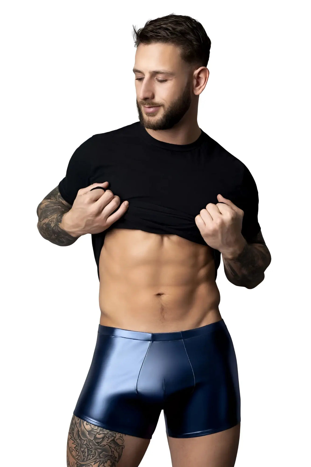 Shiny navy blue metallic male power 153-301 liquid onyx 2.0 pouch briefs with pouch design for enhanced support