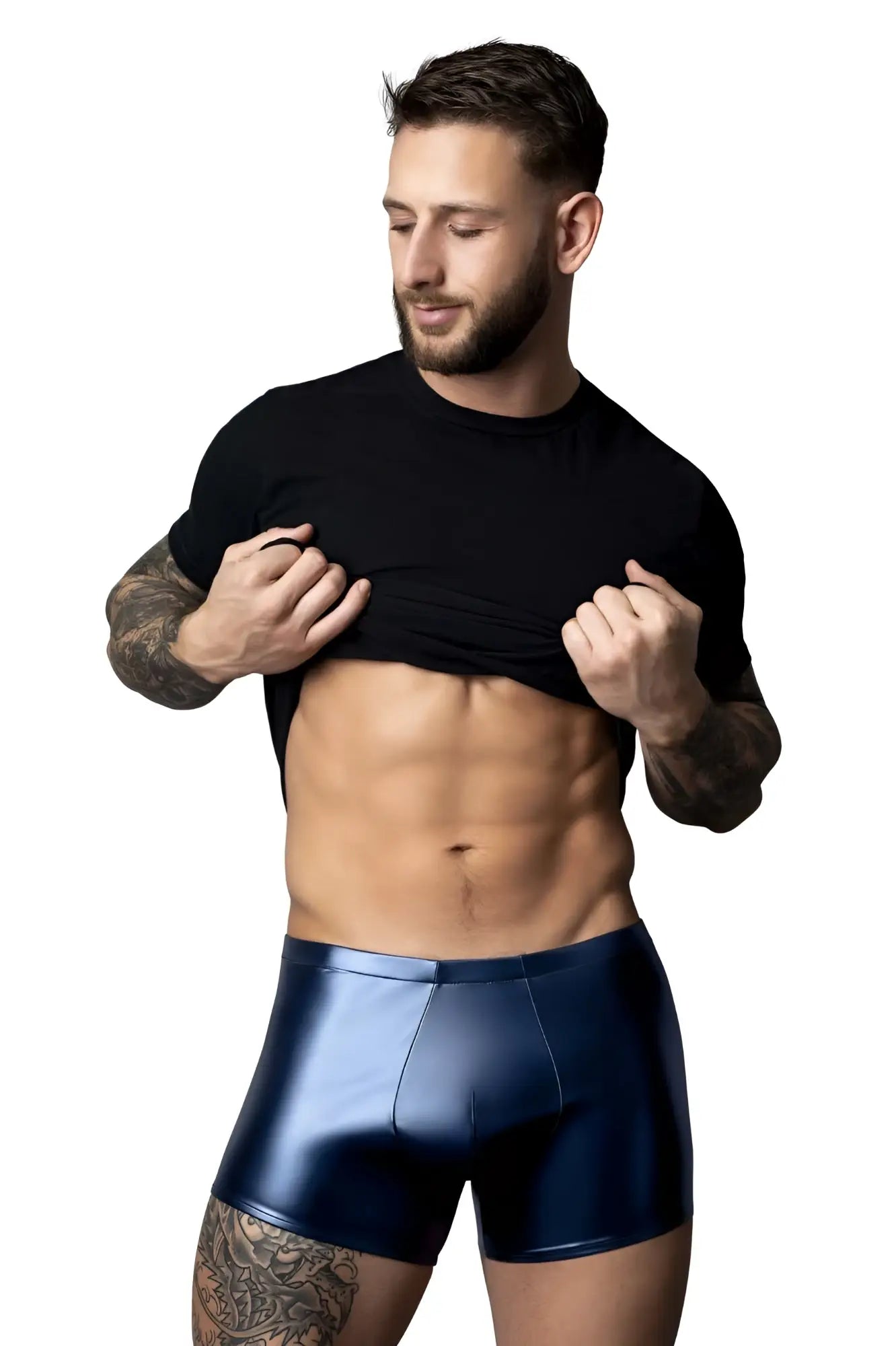 Shiny navy blue metallic male power 153-301 liquid onyx 2.0 pouch briefs with pouch design for enhanced support