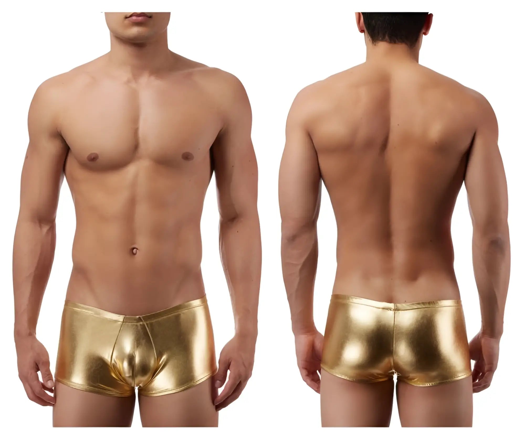 Male power 153070 gold metallic heavy metal mini short boxer briefs front view with shiny fabric design