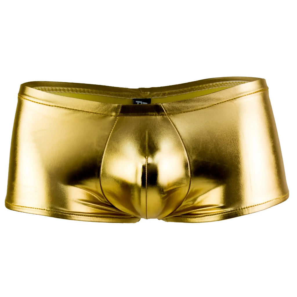 Male power 153070 heavy metal gold mini short boxer briefs with shiny gold metallic fabric and sleek form-fitting design