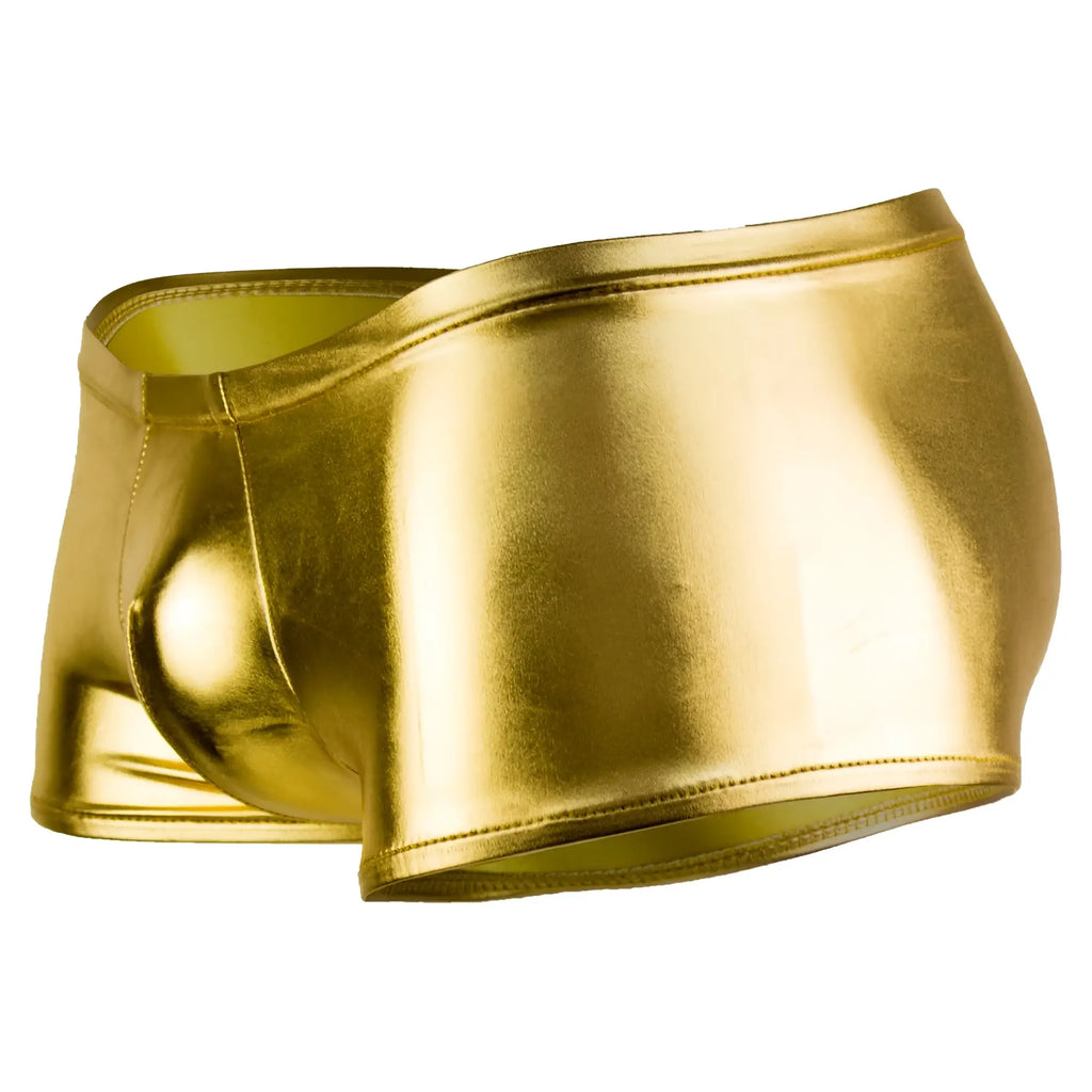 Male Power 153070 heavy metal gold mini short boxer briefs with shiny gold metallic fabric and sleek form-fitting design