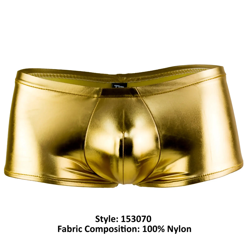 Male Power 153070 heavy metal mini short boxer briefs in shiny gold nylon with a sleek form fitting design